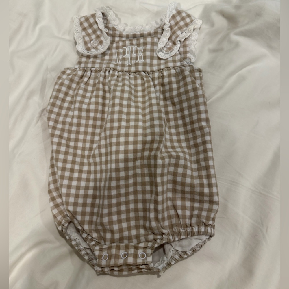 Brown and White Gingham Baby Romper with “VTE” Monogram
